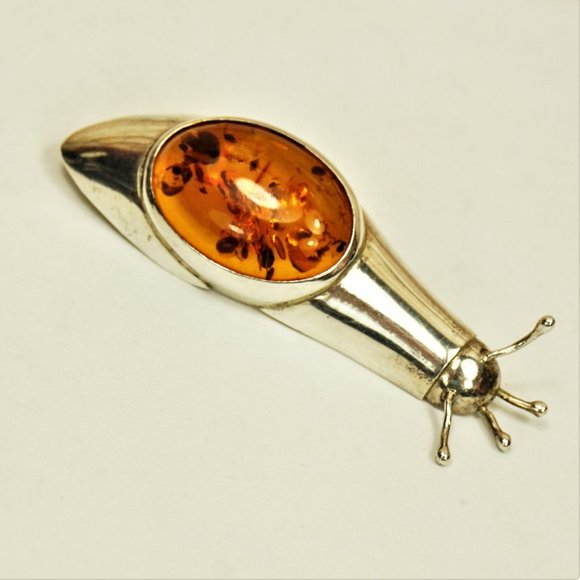BALTIC AMBER 925 SILVER SNAIL BROOCH, RARE TO FIND JEWELRY, GIFT FOR WOMEN - Picture 7 of 10